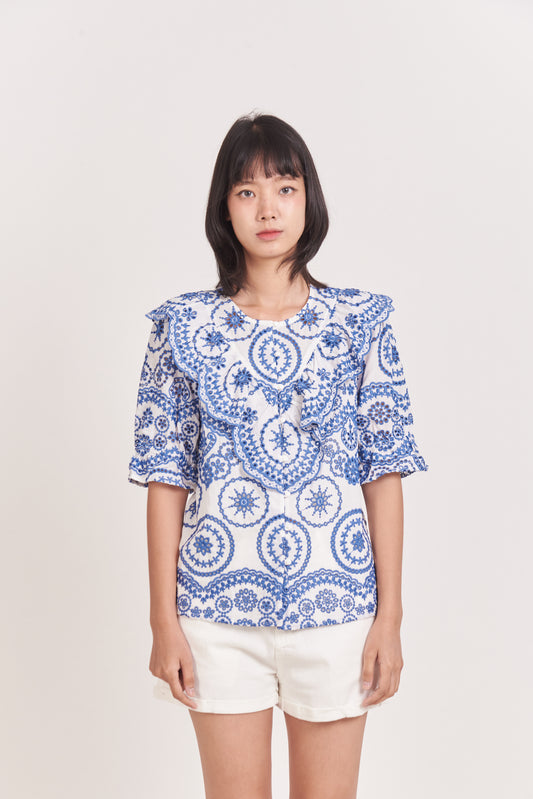 China Blue Delicate Short Sleeve Top